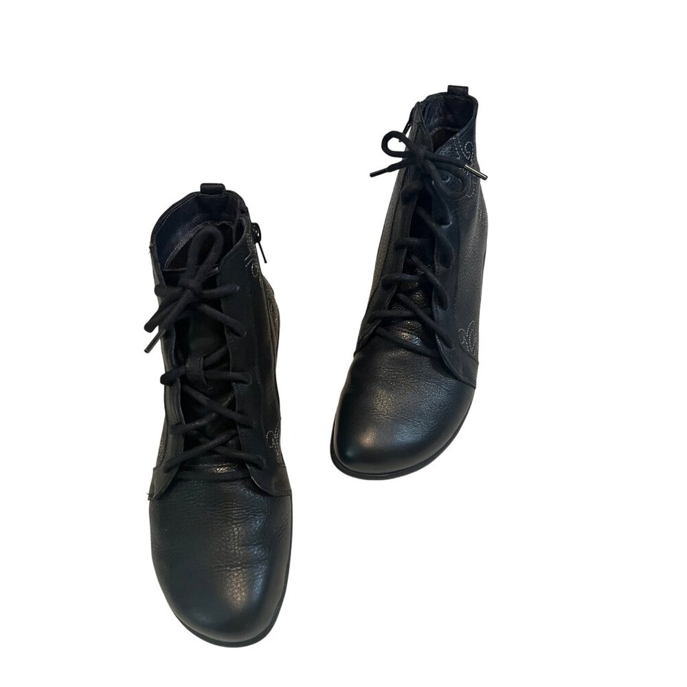 Black Leather Lace-Up Ankle Boots With Embroidered Design & Side Zipper For Wome